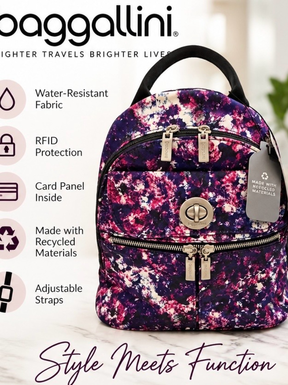 NWT BAGGALLINI FLORAL RFID WATER RESISTANT BACKPACK